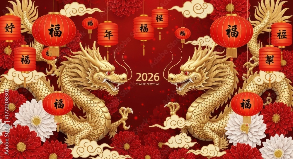 Fototapeta premium Dragon chinese new year celebration lanterns gold flowers 2026