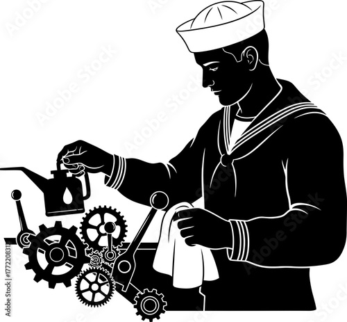 craftsmans touch meticulously oiling machinery, ensuring maritime operational excellence