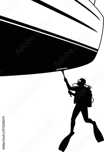 dedicated diver maintains boat hull, preserving nautical beauty in marine depths