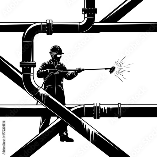 critical conduits restored, worker ensures vital flow through powerful, diligent cleansing