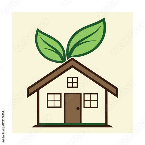 Simple house icon with green leaves growing from the roof home building