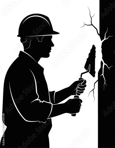 construction worker expertly repairs cracked wall, applying plaster with a professional trowel