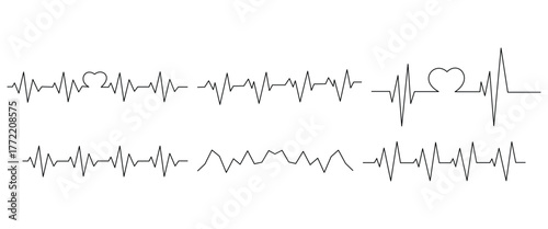 Heartbeat Pulse Line Icons with Heart Symbol, Medical ECG Vector Collection