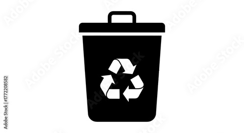 Black icon of a trash bin with recycling symbol on a white background, representing waste management and sustainability
