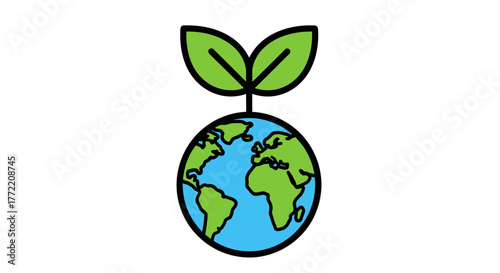 Illustrative concept of a vibrant green sprout emerging from the planet Earth, symbolizing environmental growth and sustainability