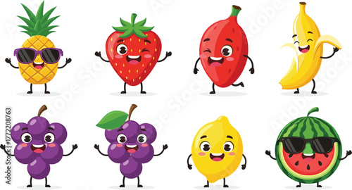 Cartoon Fruit Characters with Funny Faces – Pineapple, Strawberry, Mango, Banana, Grapes, Lemon, Watermelon Vector for Kids, Healthy Design