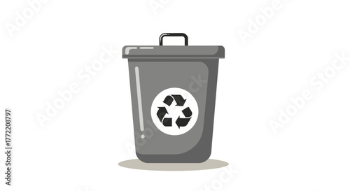 Gray recycling bin with the recycling symbol on a white background, graphic representation of waste management and sustainability