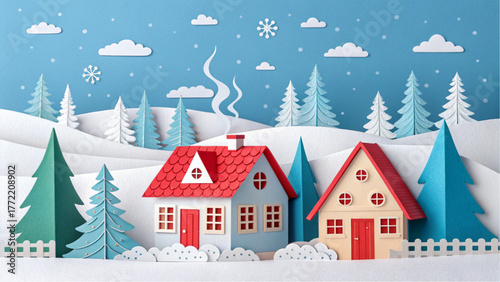 Charming paper cutout village scene with snowy hills and christmas trees