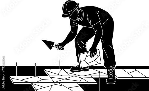 precise placement worker constructs patterned surface, building with focused dedication