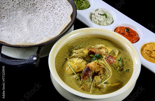 South Indian Prawn coconut milk curry with Appam