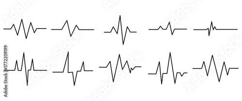 Heartbeat Pulse Line Icons with Heart Symbol, Medical ECG Vector Collection