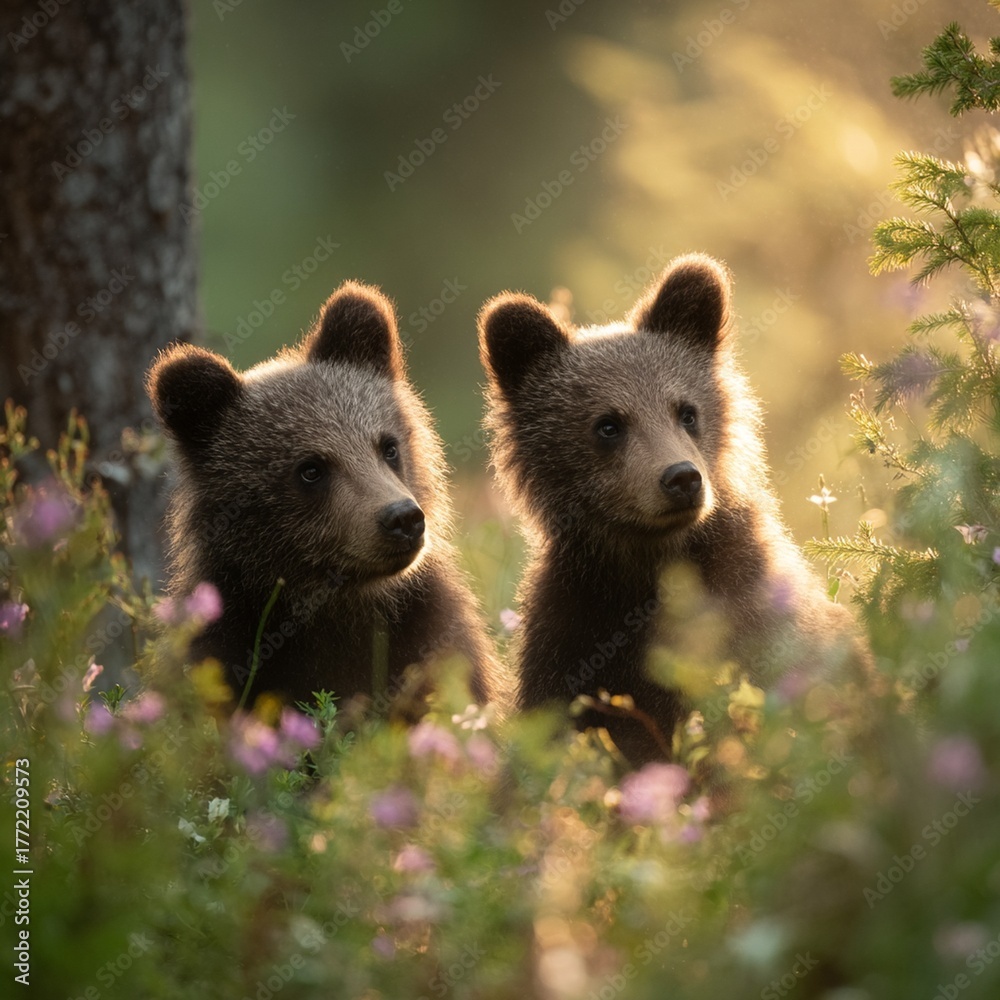 Fototapeta premium Two bear cubs nestled among wildflowers in warm forest light.