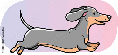 Happy cartoon dachshund running playfully with joy and energy on pastel background