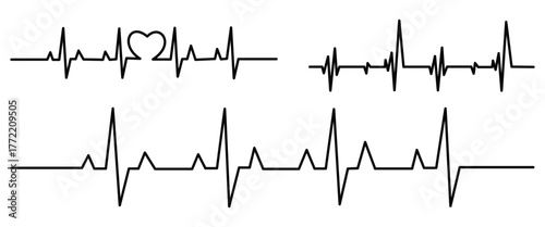 Heartbeat Pulse Line Icons with Heart Symbol, Medical ECG Vector Collection