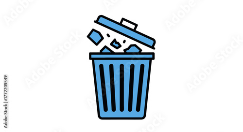 Digital illustration of an open blue trash can with debris, symbolizing deletion, removal, or recycling. Ideal for user interface, web, and application design