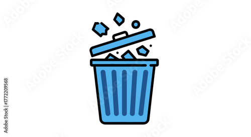 Blue Waste Bin Vector Illustration with Crumpled Paper for Clean Design