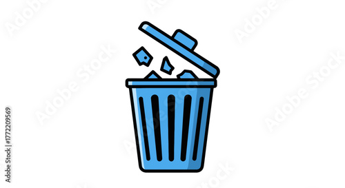 Blue trash can icon with broken waste and open lid, environmental and recycling concepts