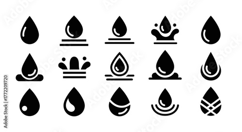 Versatile set of black water drop vector icons. Depicts liquid forms, splashes, and ripples, perfect for water, hydration, environmental, or fluid concept design projects