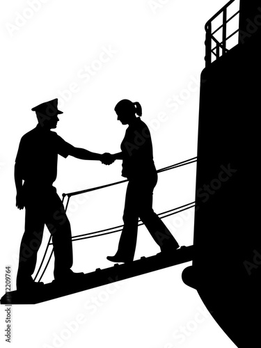 welcome aboard officer greets guest, journey commences with a handshake
