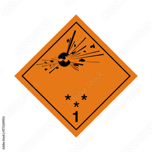 GHS Class 1 Explosives Substances Mass Explosion Hazard Division 1.1. Mass Explosion Hazard Label. GHS ADR Hazard Symbol for Explosive Substances