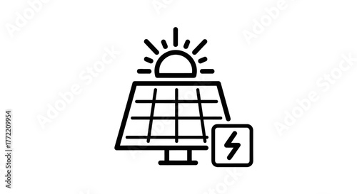 Solar panel icon with sun and lightning bolt, representing renewable energy and power generation
