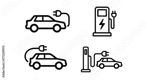 Set of electric car charging station icons showcasing the process of powering up an electric vehicle