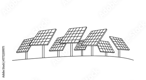 Simple black and white illustration of multiple photovoltaic solar panels capturing natural light, emphasizing green energy, technological advancement, and environmental conservation