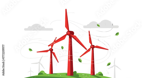 Red wind turbines on a green hill with swirling leaves under a cloudy sky, representing renewable energy and environmental sustainability