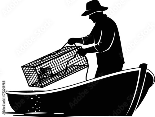 oceans yield solitary figure diligently retrieves aquatic bounty from boat