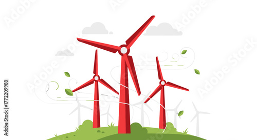 Red Wind Turbines on Green Hills Illustration Renewable Energy and Eco-Friendly Power