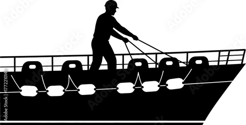 naval worker readies ships defenses, ensuring careful approach to port