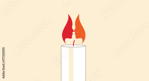 A white candle with a flame composed of two faces in profile, one red and one orange, symbolizing love or connection