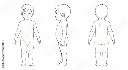 Three views of a child front side and back.
