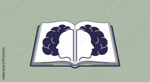 Open book with two brainlike profiles facing each other, symbolizing knowledge and thought