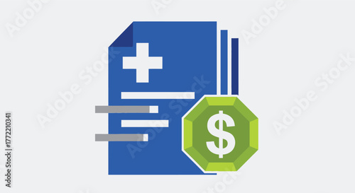 Stack of medical documents with a plus sign and a dollar coin, representing healthcare costs