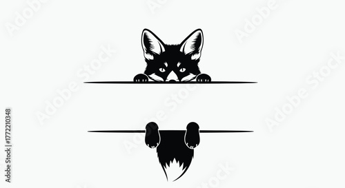 Black silhouette of a curious fox peeking over a line, , with paws visible