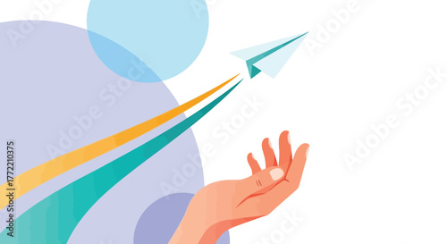 A hand releasing a paper airplane that flies upwards with colorful trails against a soft, abstract background