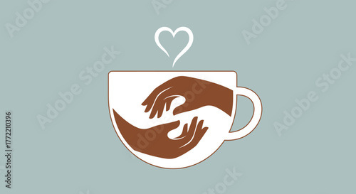 Two hands reaching for each other inside a coffee cup, forming a heart shape, symbolizing care, support, and love