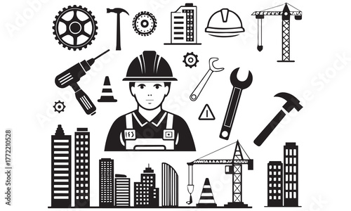 Construction Worker Icon Set – Building Tools, Engineering Equipment, and Industry Vector Graphics .