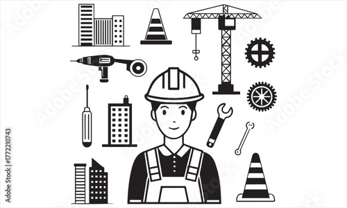 Construction Worker Icon Set – Building Tools, Engineering Equipment, and Industry Vector Graphics .