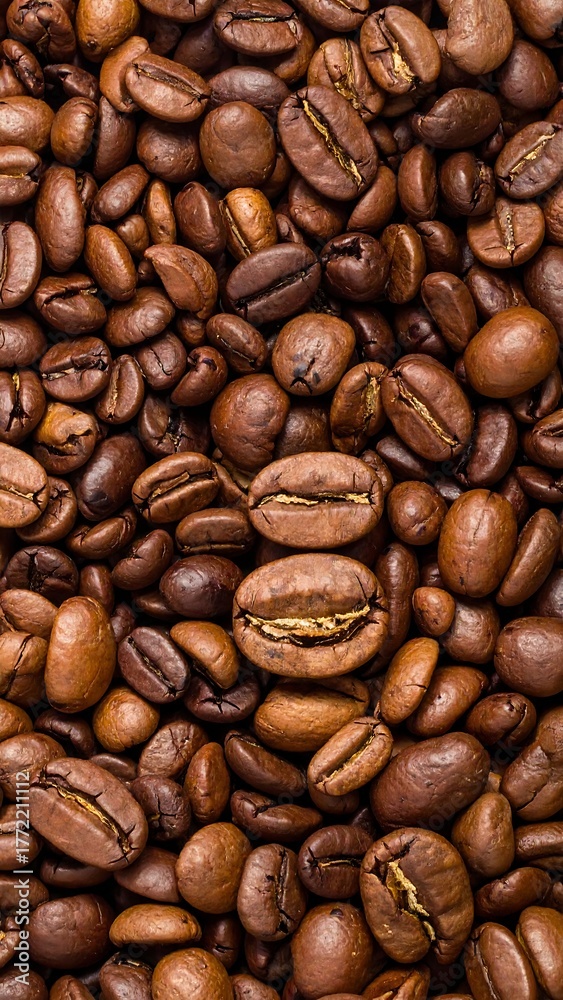 Fototapeta premium Overhead shot of roasted, dark-brown, aromatic coffee beans