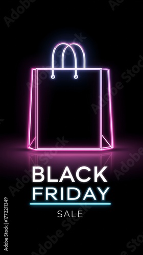 Shopping bag glowing with neon lines for black friday sale advertisement