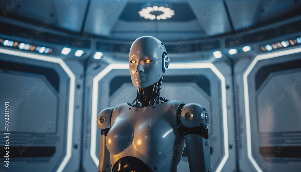 Fototapeta premium Futuristic Humanoid Robot AI Android Glowing Eyes Lab Technology