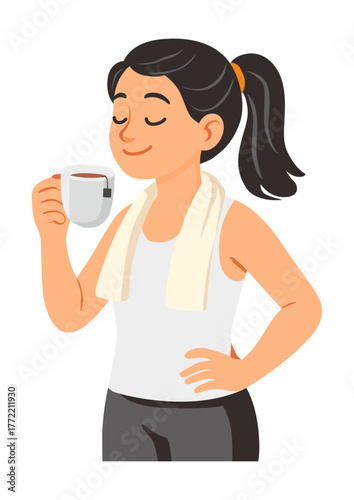 Healthy mother relaxing with tea after exercise