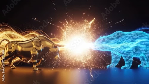 A golden bull digital bear stock market finance investment volatility risk opportunity trend trading clash bullish bearish energy light cyber binary technology economy profit los speculation strat