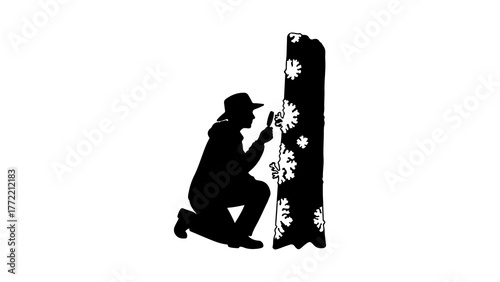 Archaeologist examining ancient stone carving with transparent background