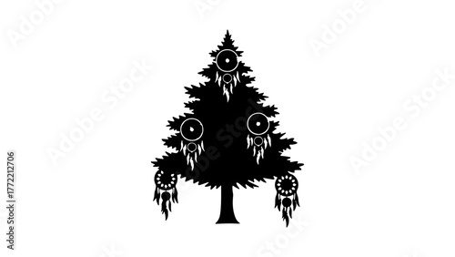 Festive evergreen tree with dreamcatcher ornaments with transparent background