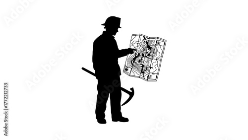 Geologist studying map with pickaxe with transparent background