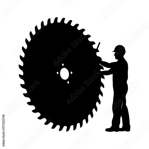 Sawmill worker with large circular saw with transparent background