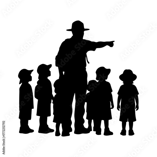 Teacher leading children with transparent background
